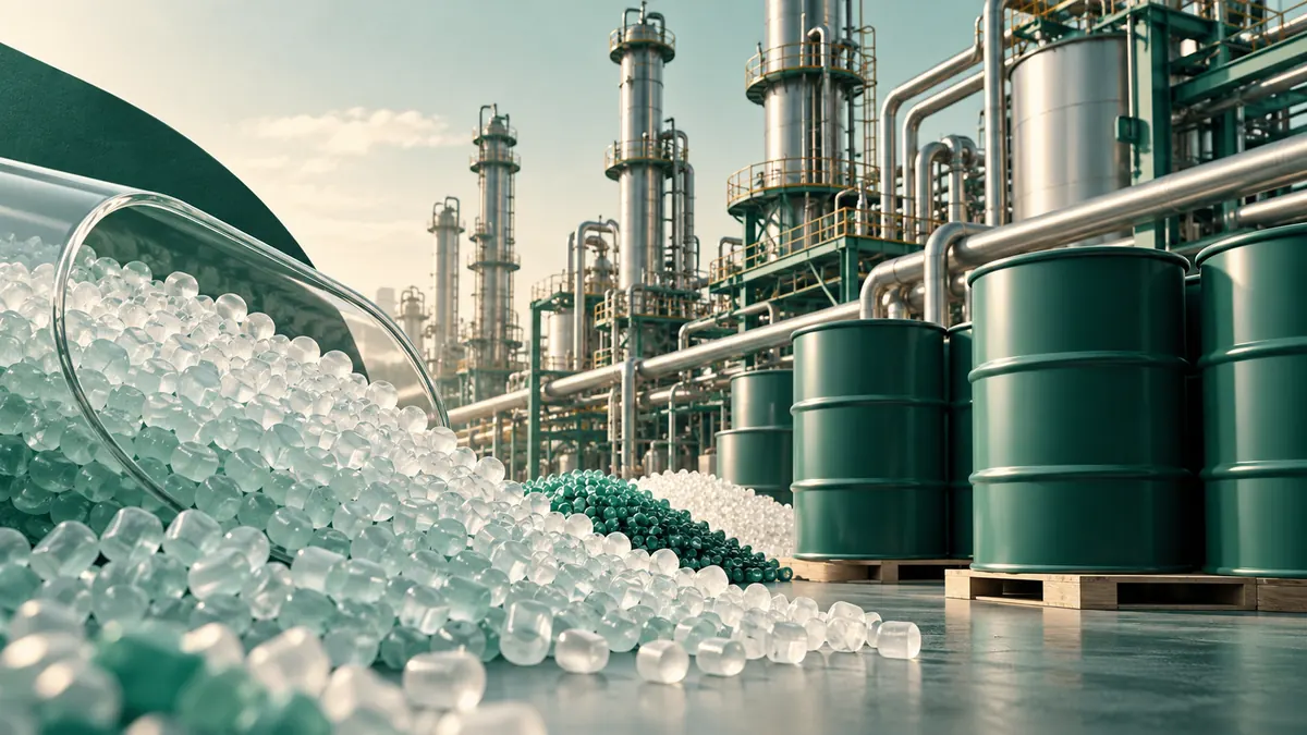 Ilustración de gránulos de polímero, tambores y equipos de una planta petroquímica.