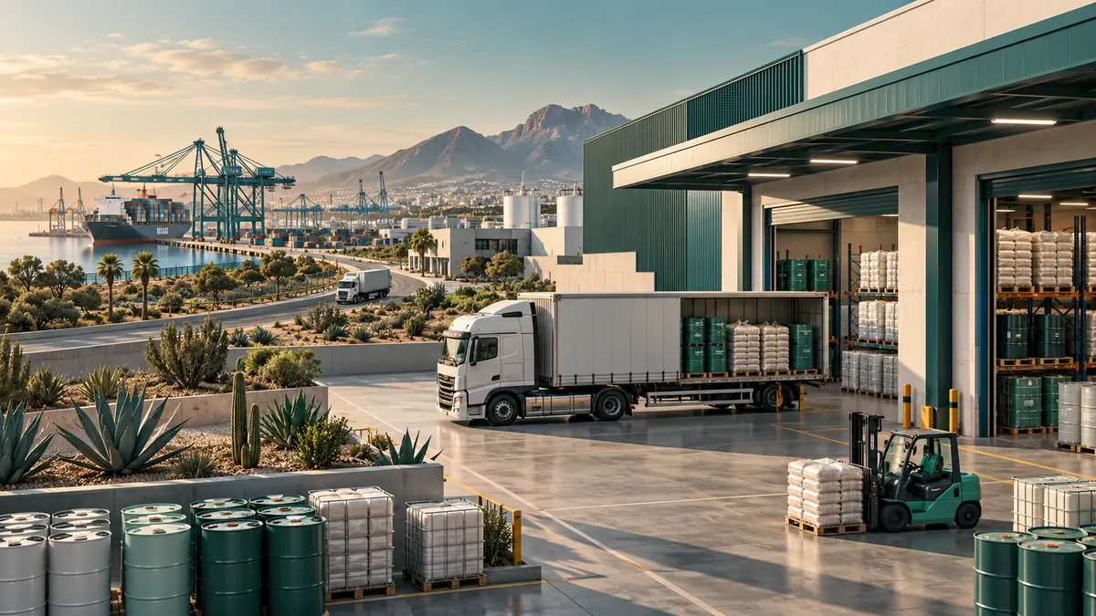 Ilustración de un centro de distribución industrial conectado con transporte terrestre y un puerto.